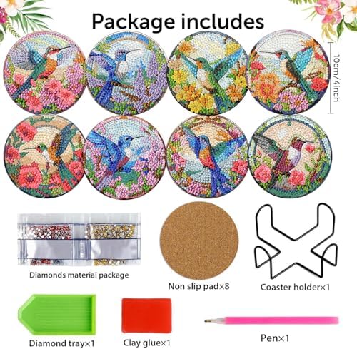 8 Pack Diamond Art Coasters,Hummingbird flowers Diamond Painting Coasters