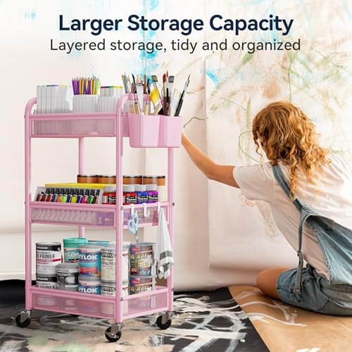 YASONIC 3 Tier Metal Rolling Cart, Pink Utility Storage Cart with Wheels | Metal Mesh Craft Cart With Hooks & Hanging Cups, Ideal For Kitchen, Bathroom, Office, Dorm, Art Workspace, Bedside Storage