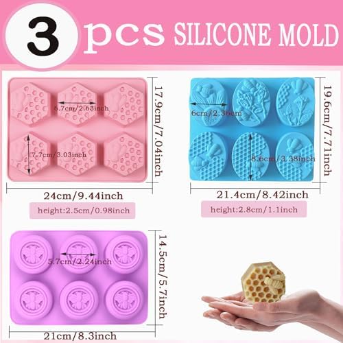 3 Pack Bee Silicone Soap Molds-Hexagon Oval Round Flexible for DIY,Baking | 8 Pattern Honey Soap Making,Non-Stick,Reusable,Dishwasher Safe,for Wax Melts,Beeswax,Chocolate,Bath Bombs,Resin,Ice Cubes