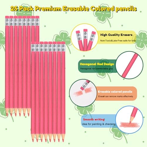 Adhere 25pcs Checking Pencils Erasable colored Pencils Pre-Sharpened #2 HB,for Checking Tests Grading,Map Coloring, editing Office Favors,including a Free sharpener. (Pink Red)