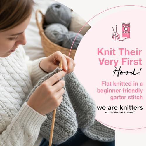 We Are Knitters Titi Hood Kit | Beginner Knitting Gift Kit | Soft Baby Alpaca Flat Knit Bonnet | Cozy Handmade Winter Baby Hood Warm Cozy Gift Set DIY