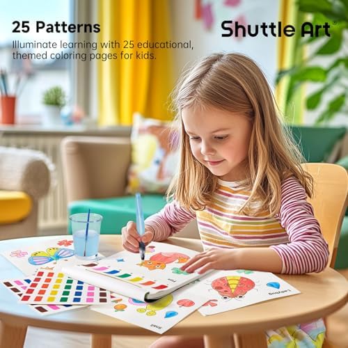 Shuttle Art Paint with Water Coloring Book for Kids, 25 Animals Themed Pages with 2 Brushes, Mess-Free Watercolor Paint Set, Travel-Friendly Art Craft Gift for Toddlers, Birthday Christmas Gift