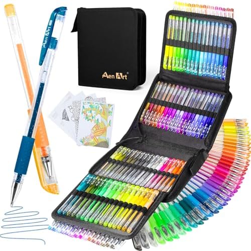Aen Art Glitter Gel Pens with Case for Adult Coloring Books, 100 Color Glitter Pen Set 30% More Ink Neon Glitter Gel Marker for Journaling Crafting Doodling Drawing