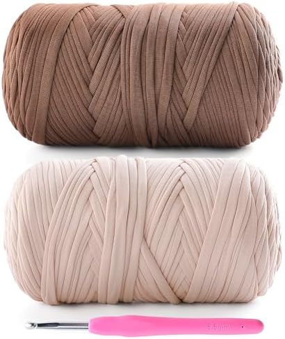 2 Pack Tshirt Yarn for Crochet - 800 G/260 Yds T Shirt Soft Elastic Fabric T-Shirt Yarn for Crocheting Bags Baskets Home Decor with 1 Crochet Hook (2, Beige+Coffee)