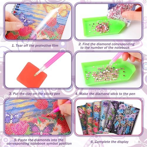 Fullhawl 6 Pack 5D DIY Diamond Art Crafts Kit for Adults Office Supplies Beginner A5 Leather Diamond Painting Gift for Women Art Cover Craft Accessories with Tool (Butterfly Floral)