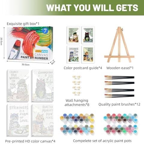 4 Pack Framed Paint by Numbers Kit for Adults Beginner with Wooden Easel, Funny Cat Easy Paint by Numbers with Frame, DIY Cute Animal Number Painting for Adults Canvas for Home Decor Gift 8x12 Inch