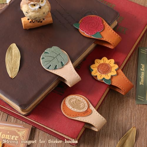 4PCS Vintage Magnetic Leather Bookmark, Leather Magnetic Bookmarks for Women, Magnetic PU Bookmarks Clip Book Accessories