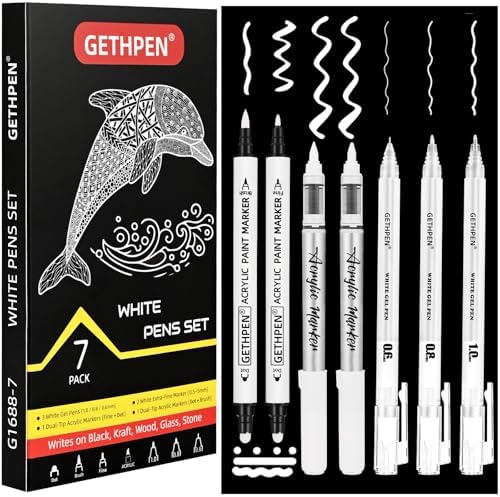 GETHPEN White Pens Set, White Gel Pens, Dual-Tip Acrylic Paint Pen, 7 Pack