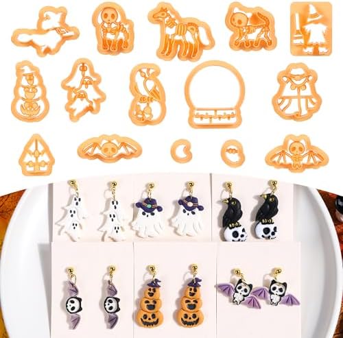 Puocaon Halloween Polymer Clay Cutters - 15 Pcs Witch Little Boo Skull Cutters for Polymer Clay Jewelry Pumpkin Mushroom Earrings Making Kit for Polymeric Jewelry Design