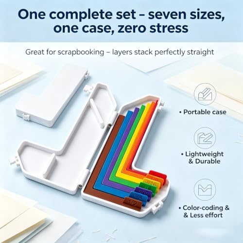 Paper Crafting Alignment Guide Set for Card Making & Scrapbookers, Alignment Tool with Case for Precision Layering, Color Coded Size Tabs for Card Making and Scrapbooking(7Pcs)