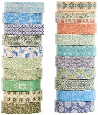 Autumn Botanical Washi Tape Set - 20 Rolls Fall Leaves Adhesive Tapes Arabesques Arts Decorative Masking Tape Sets for Craft, Kids, Scrapbook, DIY, Gift Wrapping (Green Autumn)