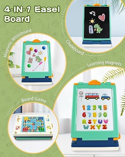 Elovien Easel for Kids,Tabletop Easel for Toddler, Foldable 4 in 1 Double Sided Kids Art Easel with Chalkboard & Magnetic Whiteboard,Portable Desktop Drawing Board - Gift for Boys and Girls (Green)