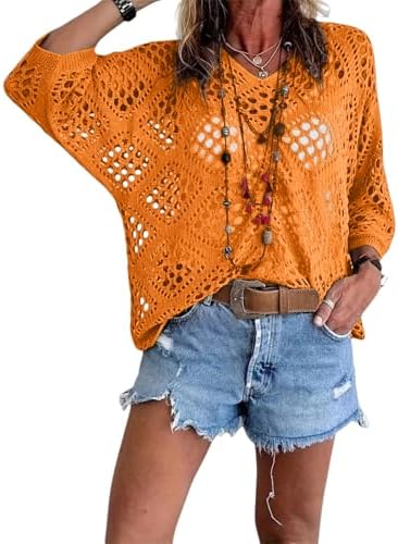 Bohemian Crochet Tops for Women 3/4 Sleeve V-Neck Open Knit Pullover Beach Cover Ups Hollow Out Boho Vacation Blouse