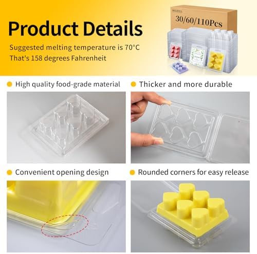 MGLIFEUL Wax Melt Container Clamshell Packaging Box with Packaging Box | Plastic Clear Empty Wax Candle Melt Tart Packaging Cube Container Clamshell Holder Organizer Empty Shape Bulk wth Lid
