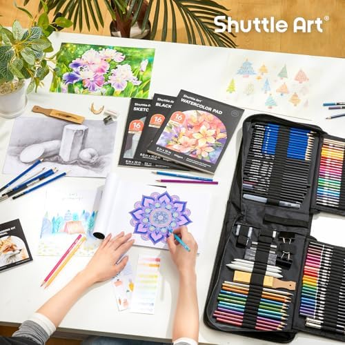 Shuttle Art 116 PCS Drawing Kit, Professional Drawing Supplies with Sketch, Charcoal, Colored, Graphite, Pastel Pencils & Sticks, Complete Drawing Tools and Paper Pads in Zipper Case for Artists&Kids
