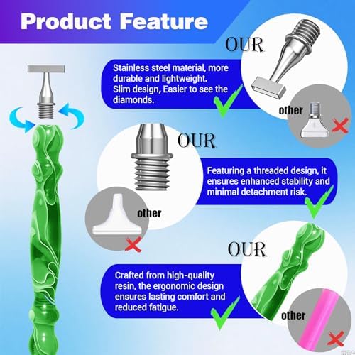 Huanlys Diamond Art Pens Tools Diamond Painting Accessories Kits with Screw Steel Rose Gold Metal Tip Nibs Placers Roller Tool Accessories (Green Silver)