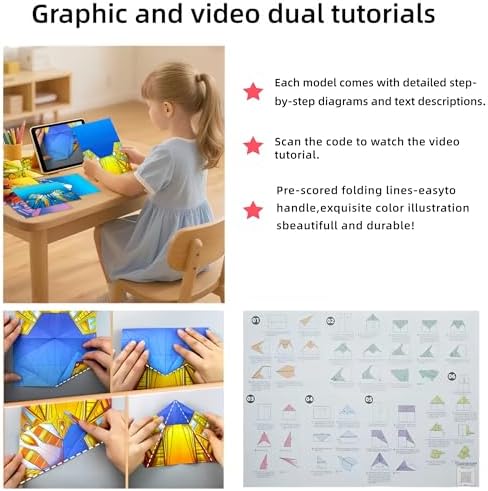 JUJOYYS 3 Difficulty Level Paper Airplane Kits with 36 Classic Designs 108 Sheets of Colorful Origami Paper,Crafts Origami Book Airplane Gifts for Kids Boys and Girls Ages 6-8,8-12