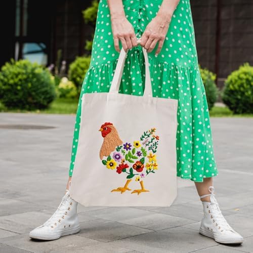 Louise Maelys Embroidery Kit, Canvas Tote Bag with Floral Hen Art Pattern
