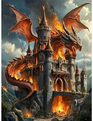 OJTOYART Dragon Castle 5D Diamond Painting Kits for Adults DIY Full RoundDiamond Art Craft Kit Beginners, Medieval Castle with Fire DragonWall Decor 12 X 16 Inch