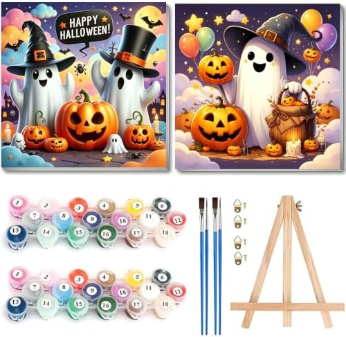 2 Pack Halloween Ghost Paint by Numbers Kit for Kids with Frame 8x8 inch