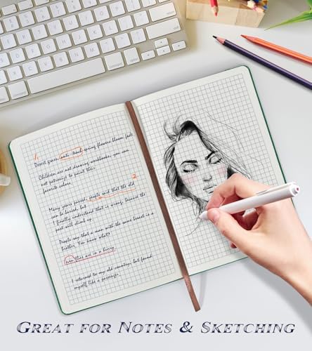Biuwory A5 Hardcover Graph Paper Notebook, Grid Leather Journal for Writing | 140 Quad Ruled Grid Pages Vintage Diary, 5.7"×8.3" Travel Notebook for Work, School, Women & Men