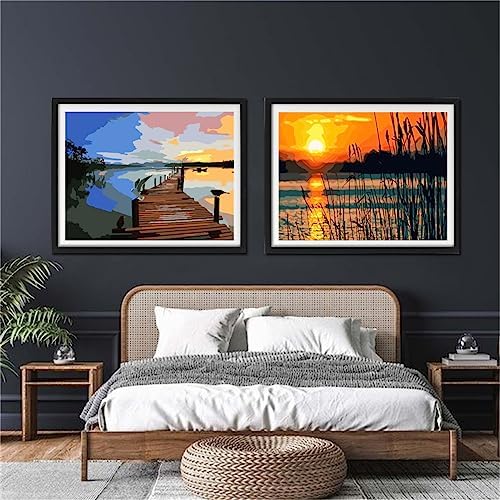 YANXIN Paint by Numbers Kit for Adults Beginners 2 Pack Paint by Numbers for Adults Rolled up Canvas for Home Decoration Creative Wall Art with Colorful Gift Box 12x16 inch Lake Sunset 171-172