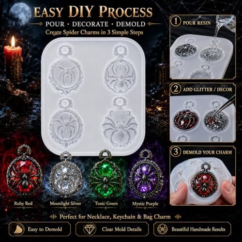 Gothic Ornate Frame Spider Silicone Resin Mold with Pre-Made Hanging Hole, 4 Cavity Spider Cameo Pendant Epoxy Mold, DIY Jewelry Charm Casting Supplies for Halloween & Christmas Crafts (ZZ01)