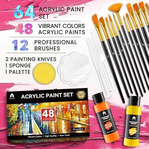 64 Pcs Acrylic Paint Set, 48 Colors 2oz/60ml Rich Pigments (Classic)
