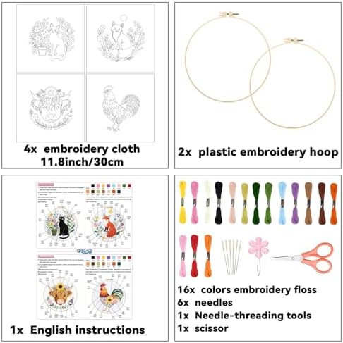 ORIGACH 4 Pcs Flower and Animal Embroidery Kit for Beginners, Stamped Design Embroidery Starter Kit Includes Cloth, Hoops, Threads & Needles