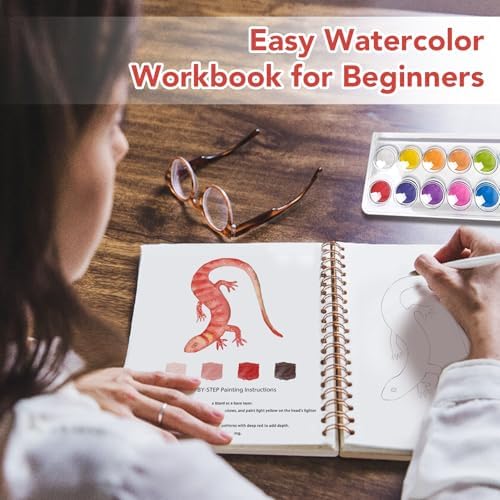 Easy Watercolor Workbook for Beginners - 12 Beautiful Step-by-Step Paintings Water Coloring Book, Includes 16 Colors Paints, Relaxing Art Projects and Creative Gift for Adults & Teen (Lizards)