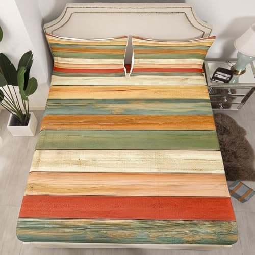 Retro Stripes Sheet Set Oil Painting Striped Bedding Set Modern Simple Style Bed Sheets Teens Room Decor Orange Green (King Flat & Fitted Sheet with 2 Pillow Case)