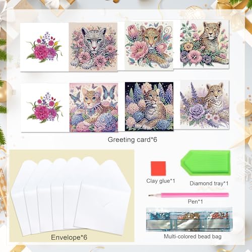 LazyFold 6 Pcs Diamond Art Painting Greeting Cards Kits, DIY Flowers and Animals Handmade Festival Greeting Cards with Envelopes Diamond Art Crafts Birthday Cards Creative Gift