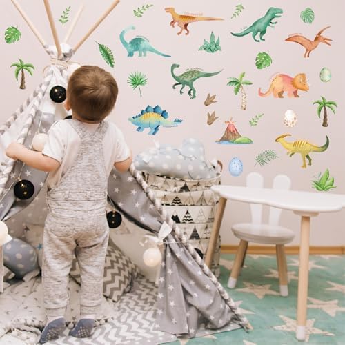 AOWDIAO Watercolor Dinosaur Wall Decals - 28 Pcs Peel and Stick Dino Decor for Boys’ Bedroom, Nursery & Classroom