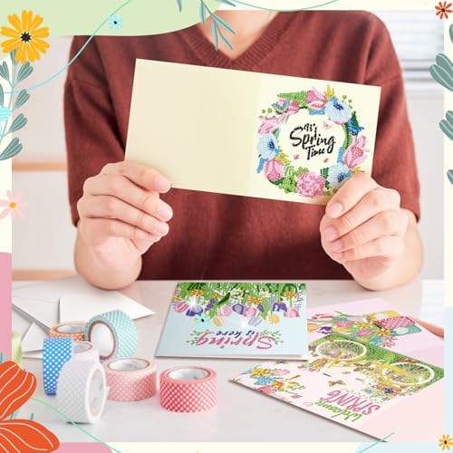 Saillong 12 Pack Spring Diamond Painting Greeting Card Kits Easter Diamond Art Cards with Envelopes Gnome Tulips Flowers 5d Rhinestones Painting Kits for Adults DIY Crafts Family Friend Spring Gifts