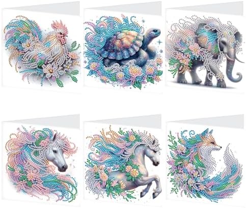 AiYuanzsh Set of 6 Animal Diamond Painting Greeting Cards - Rooster, Turtle, Elephant, Horse, and Fox Designs 5D DIY Craft Kits with Colorful Rhinestones Diamond, Perfect for Birthday and Anniversary