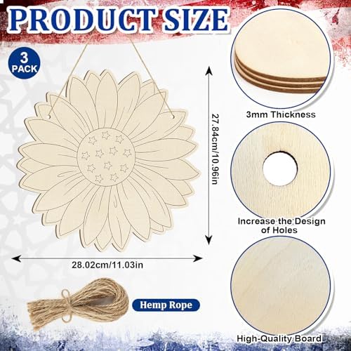 Large 12" Wooden Spring Ornaments to Paint Star Crafts, DIY Blank Unfinished 4th of July Door Sign Wreaths for Front Door Plaque 250th Anniversary Hanging Patriotic Day Independence Day Decorations