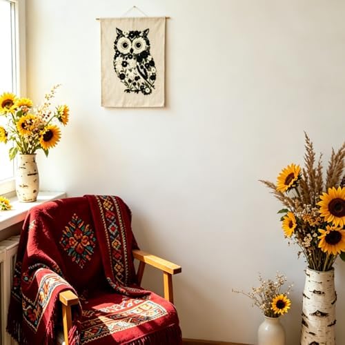 FONNUY Floral Owl Embroidery Kit for Beginners, DIY Handmade Flower Animal Embroidery Set with Hoop, Stamped Cross Stitch Kit for Adults, Unique Home Wall Art Decor & Craft Gift (Black)