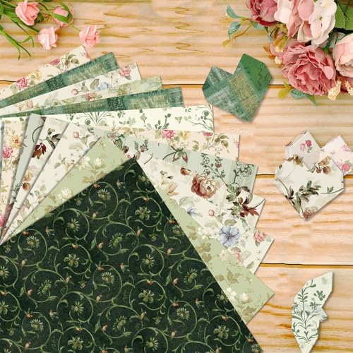 Green Scrapbook Paper Vintage Flower Pattern Papers Pad 12×12,24 Sheets Double-Sided Mother's Day Bobo Floral Scrapbooking CardStock Paper Pad for Holiday Cardmaking DIY Origami Papers.