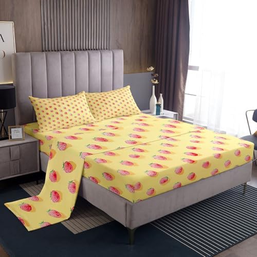 Cute Strawberry Pattern Bed Sheet Set Queen Size Pink Cute Fruit Theme Mattress Cover Rustic Warm Style Sheets for Boys Girls Bedroom Yellow with Flat,Fitted Sheet Pillowcase 4Pcs