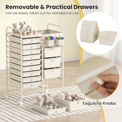 GOFLAME 14-Drawer Rolling Storage Cart with Pegboard, Craft Storage Cart with Lockable Wheels and Metal Frame, Multifunctional Art Cart Supply Storage Organizer for Home Office Classroom, White