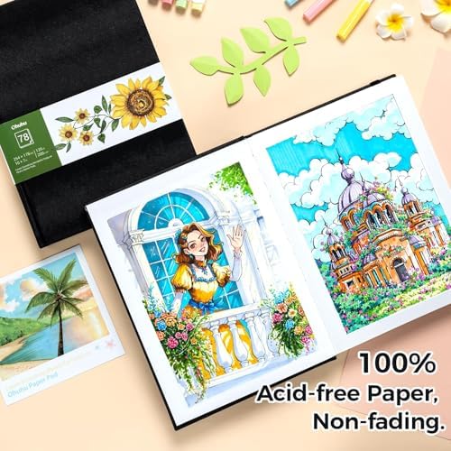 Ohuhu 7"x10" Marker Paper Pad Art Sketchbook for Drawing and Sketching | Large Sketch Book - 120 LB/200 GSM Smooth Drawing Paper - 78 Sheets/156 Pages - PU Hardcover Sketch Pad for Alcohol Markers