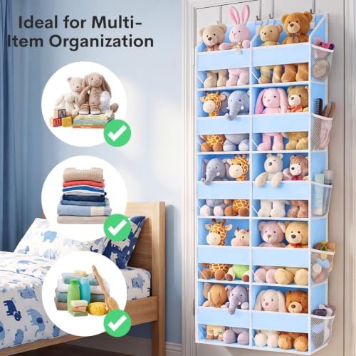 Blue Over the Door Organizer 5 Tiers, Extra Large Behind Door Storage of 10 Compartments, 80 lbs Weight Capacity Hanging Storage Organizer with Clear Window Kids Toys, Shoes, Diapers, Room storage