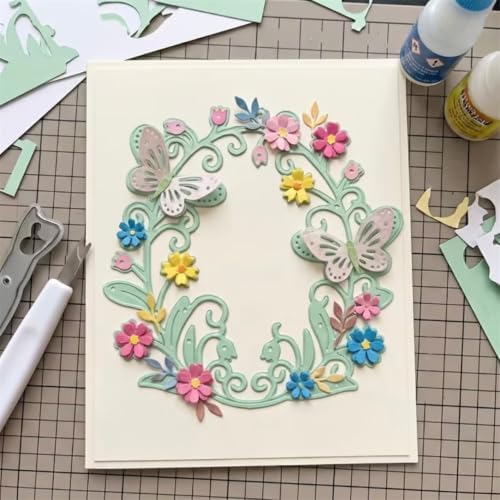 Scrapbooking Die-Cuts, Layer Frame Net Set Metal Cutting Dies for Card Making, Paper Craft Template, Background Embossing Stencils, DIY Album Décor (Butterfly Floral Ring-9x9.2cm)
