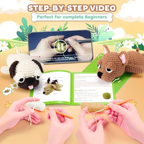 Crochet Kit for Beginners- Teacher Appreciation Gifts, 2 PCS Pug and French Bulldog Crochet Kits for Adults, Sleeping Dog Crochet Kit with Step-by-Step Video Tutorials Instructions DIY Knitting Kit
