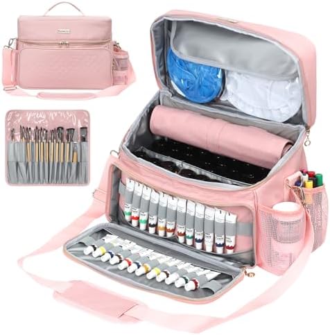 Acrylic Paint and Brush Set Organizer Bag - Carrying Case Compatible with Apple Barrel, Shuttle Art, Caliart Art Supplies - Includes Detachable Paint Brush Holder - for Home/Travel/Outdoor (Pro Pink)