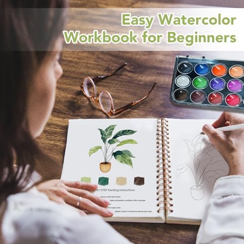 Easy Watercolor Workbook for Beginners - 12 Beautiful Step-by-Step Paintings Water Coloring Book, Includes 18 Colors Paints, Relaxing Art Projects and Creative Gift for Adults & Teen (Plants)