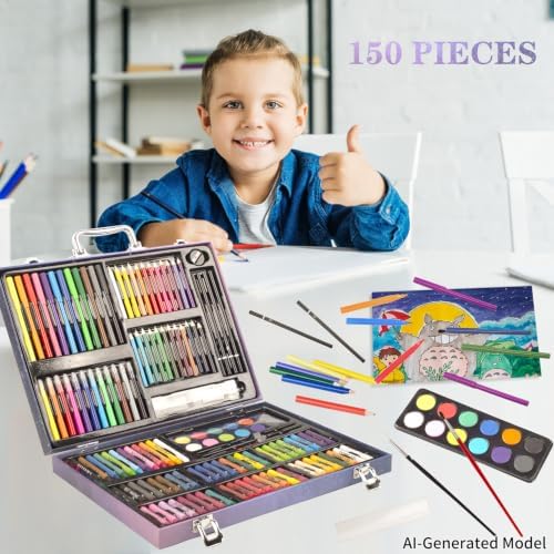 KINSPORY 150PC Art Set with Sketch Book, Coloring Art Kit Drawing Art Supplies Case, Markers Crayon Colour Pencils for Budding Artists Kids Teens Boys (Blue)