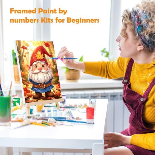MOGTAA Fall Paint by Numbers Kit for Adults Beginners with Frame, Gnome Adult Paint by Number Kits on Canvas with Easel, Easy DIY Autumn Oil Painting Kits for Home Decor, 8x12in