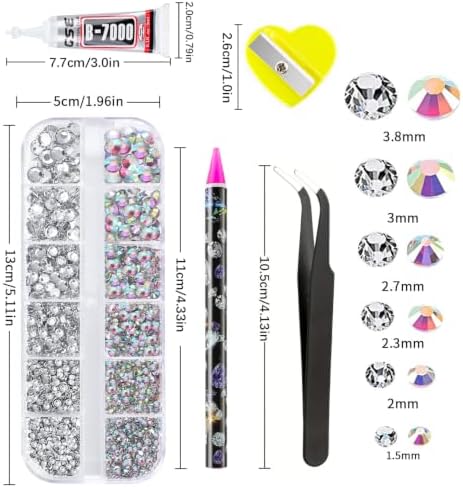 Canvalite Rhinestones 2784PCS in 6 Sizes Flat Back Gems, Crystal AB Art Gems with 5Pcs Jewelry Glue, Pick Up Tweezers and Picker Dotting Pen for Nails, Makeup, Stocking Stuffers Gifts for Women