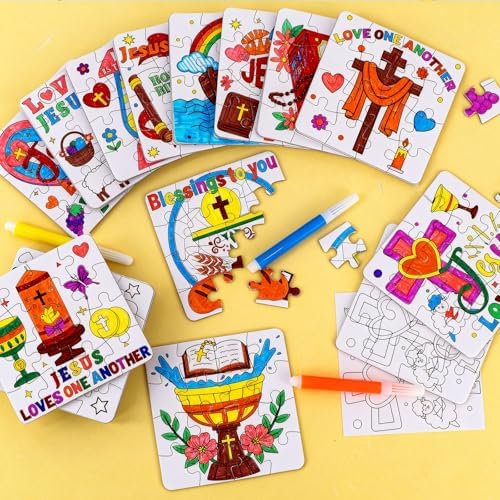 24 Sets Sunday School Crafts for Kids Ages 4-8, Christian VBS Craft Puzzle Jesus Cross Bible, Religious Arts Gifts for Classroom DIY Activity, Back to School Party Favors, Coloring Game Bulk Supplies